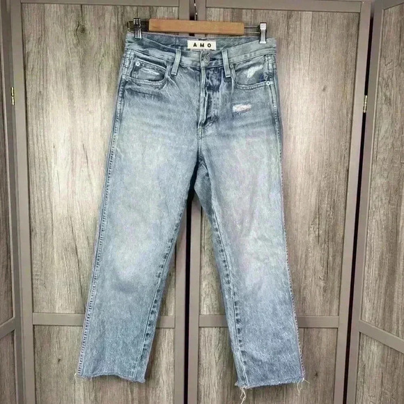 Amo Jeans Sz 25 Lilah Canyon Blue Raw Hem Straight Leg Distressed - Picture 1 of 11